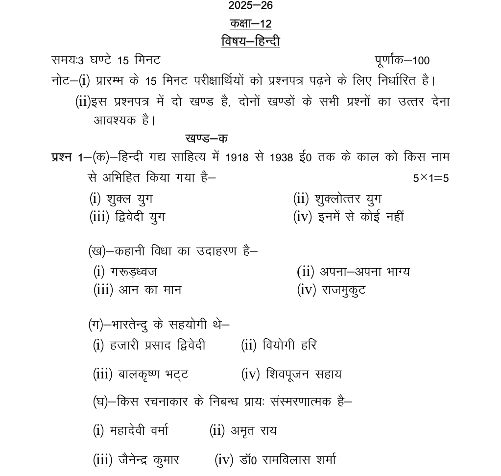 UP Board Class 12th Hindi Model Paper 2026 PDF Download